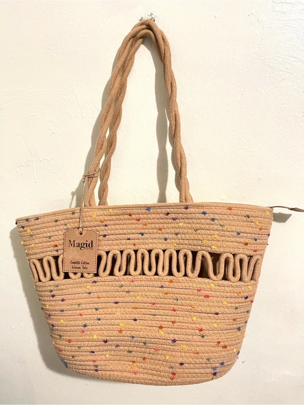 Magid Tan Woven Tote with Multicolor Speckles
